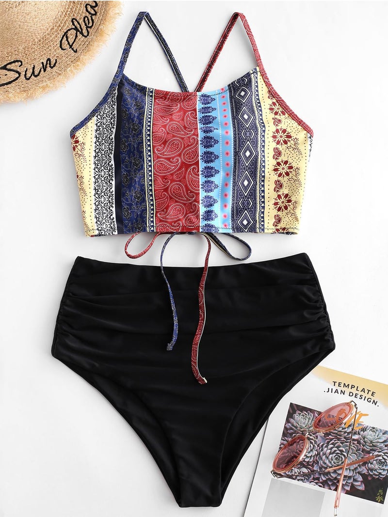 ZAFUL Women's Padded Bohemian Lace Up Tummy Control High Waisted Tankini Swimsuit Boho Two Piece Bathing Suit,M - Image 3